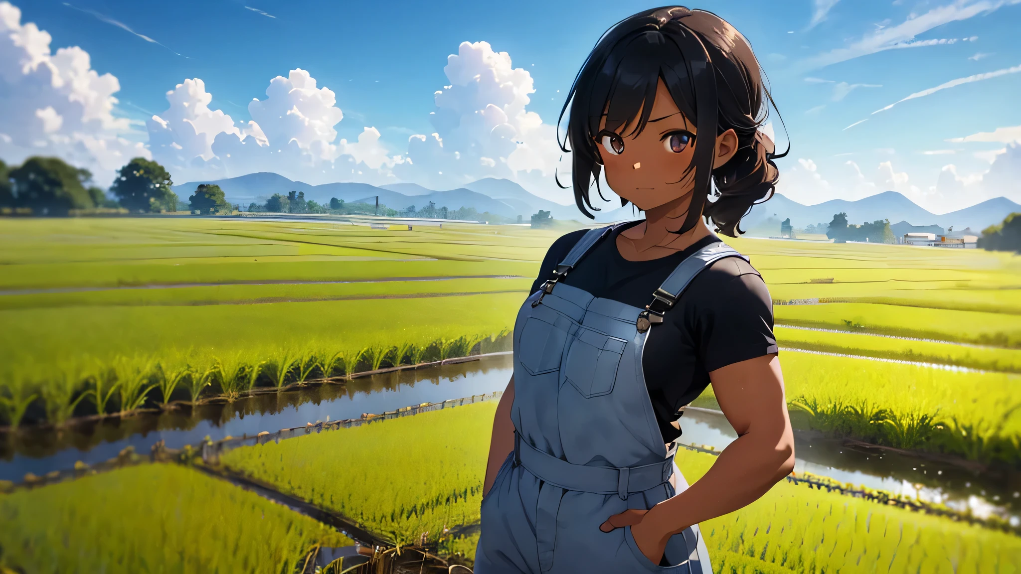 best god quality, Ultra-detailed, perfect Anatomy, (Draw a tomboy working in a rice field), 1girl, is a muscular tan girl, farmer overalls, dark skin tomboy, tanline skin, (dark skin*2), (short black + wavy hair*1.2), (farmer clothes), Full limbs, complete fingers, groin, Beautiful brown eyes, muscular tan tomboy, smug eyes, farmer clothing, in the rice fields, High resolution, Best lighting by professional AI, Japanese countryside, rice fields, looking at viewer, (((One girl in middle))), (((SOLO))), (Japanese countryside in background)