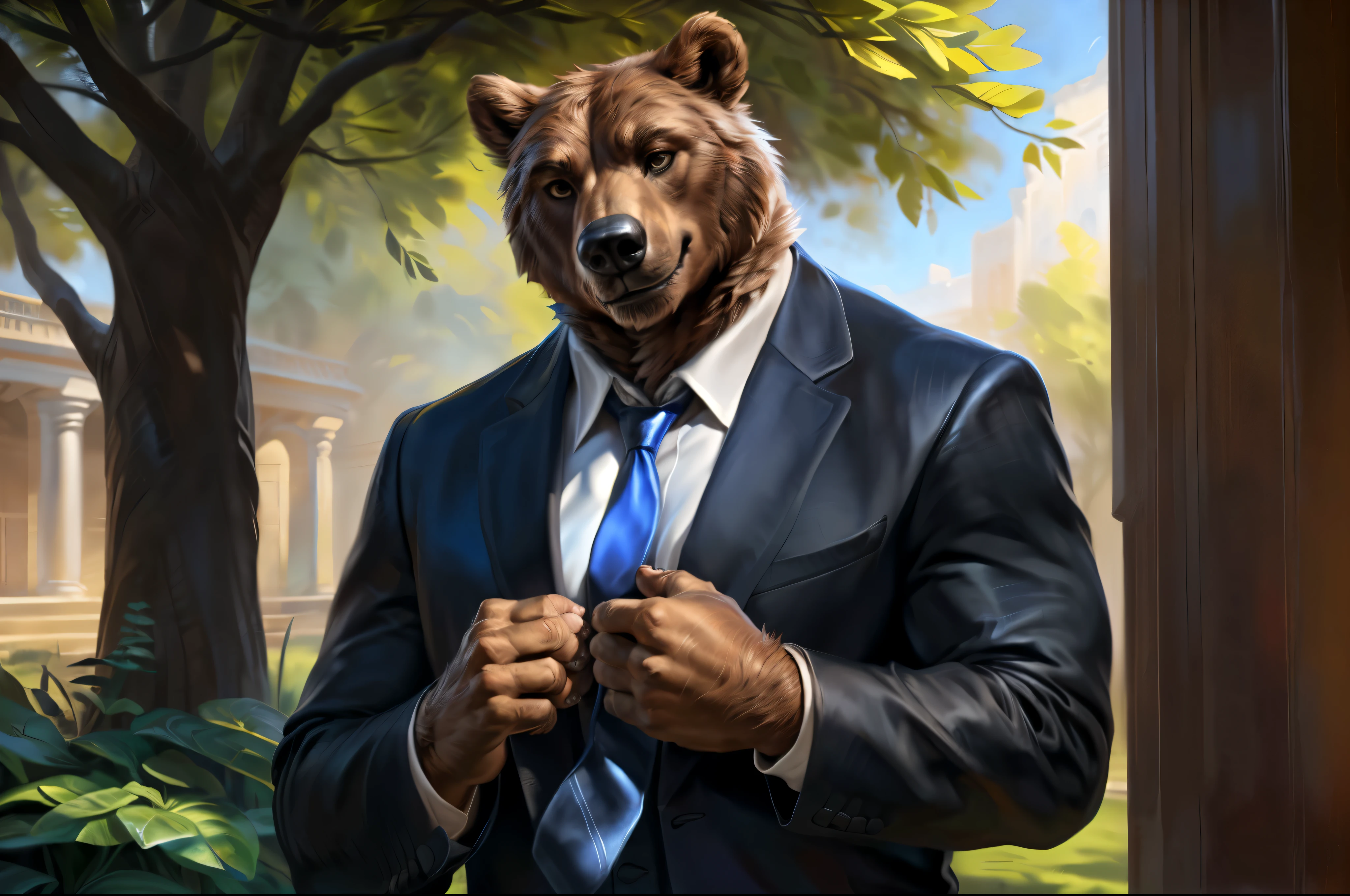 4k, high resolution, best quality, perfect colors, perfect shadows, perfect lighting, portrait shot, front view, posted on e621, furry body, solo, anthro brown bear, (monotone brown fur:1.3), male, late , muscular, strong, manly, correct anatomy, school graduate, (photorealistic detailed fur, epic, masterpiece:1.2), (by Taran Fiddler, by Chunie, by Rukis, Bonifasko lighting), garden background, detailed bear eyes, best posture, looking at the camera, (standing, smiling:1.2), (black suit with a blue tie:1.3), smooth fabric textures, (correct fingers, five fingers, nails on hands:1.3)
