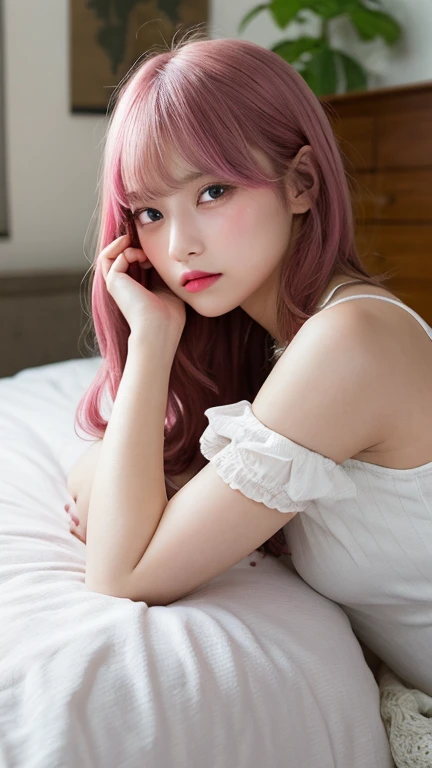 "((((Realistic)))), (Female)))), straight from real life, (hair_pink)with silver and pink hair, (pijama_pink)(((Sleeping in bed wearing transparent pink and white short-sleeved pajamas and short pants))))