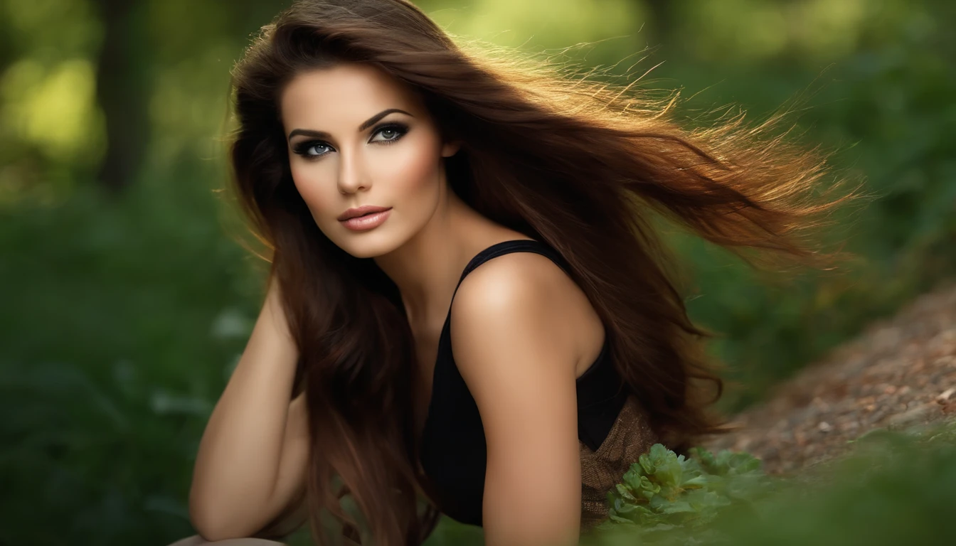 a woman with long brown hair and in a top and tight pants, tumblr, innocent face, evil face, digital art, attractive beautiful face, beautiful model girl, extremely beautiful face, very beautiful sexy figure girl, , beautiful girl model, photo of a beautiful woman, attractive girl, cute beautiful, very beautiful young woman, sexy face with full makeup, attractive female face!!!, gorgeous attractive face