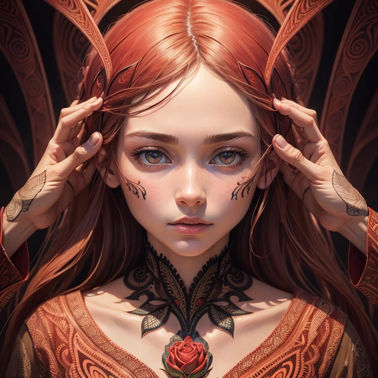 (((full medium shot))), (Masterpiece, photorealistic, photorealism, best quality, ultra-detailed:1.3), (nice hands, perfect hands), official art, cinematic light, (1girl:1.3), adult, (illustration:1.15), (abstract, zentangle, psychedelic:1.2), [(a beautiful girl, face, neck, slim waist, legs:0.08) | | a beautiful rose, stem, thorns, roots:1.69] art by Georgia O'Keeffe's, trending on devianart, ambiguity, mystery, red color palate

