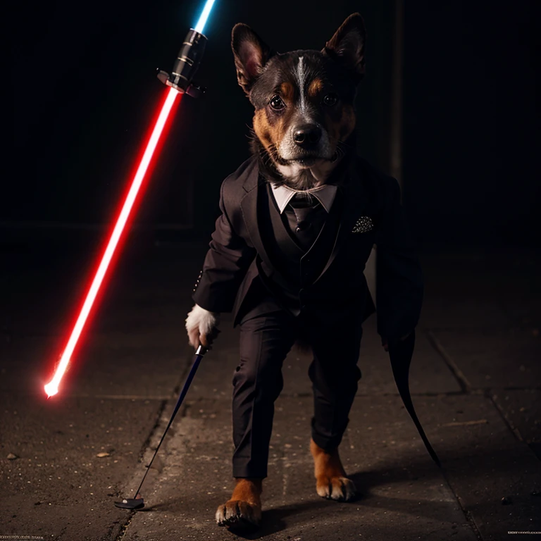 Alto detalhe, escuro, dog that walks upright and wears a suit and holds a red lightsaber in its paws