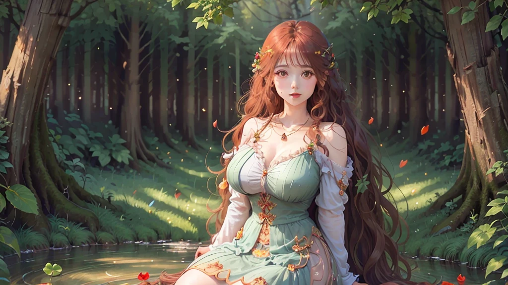 { - anatomy error}(Masterpiece - Ultra detailed, very high resolution) sexy woman, big breasts, beautiful happy face, long curly hair, 1 woman, perfect fingers, 4 leaf clover necklace. Sitting alone in a forest. He seems happy. Landscapes, magic, stars, night. Elven ears.fairy. Big forest. Realistic art style. Elven fairy woman. The one with the long, wavy, curly red hair and green eyes. Dress of red poppy flowers and green four-leaf clover. , long wavy rainbow hair, luminous golden brown eyes, a ghostly halo crowning her head is cosmic, Her white skin is very pale with simple rainbow glows. Dynamic poses. Luminous fairy wings. Hair coloring with rainbow stars, sparkles. FAIRY WINGS. Whole body. Little fairy. Barefoot. Nice legs. Little fairy flying in the air. Curvy body. Huge breast. Huge breasts. Big . Rainbow hair. AiR logo, detail of a Logo with Air letters in the center air style.