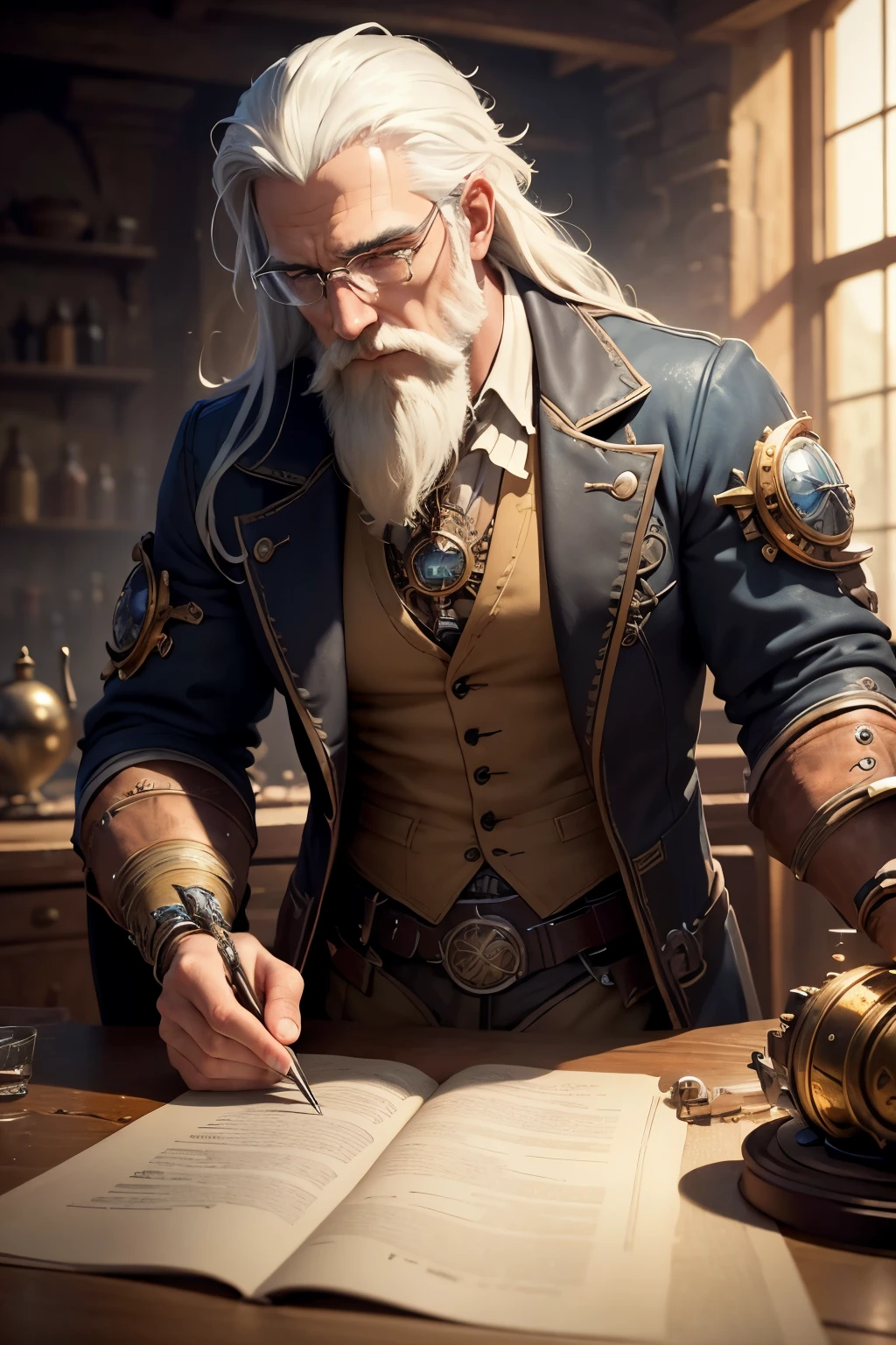 ((Best quality)), ((masterpiece)), ((realistic cartoon)), ((perfect character)):White hair,white beard,Senior Software Engineering,coding,Male DevOps Engineer,artifact creation,Gears,Engineering,Alchemist, Scientific. The scene is set in a thematically rich environment, filled with magical artifacts, mechanical object, and mystical symbols that enhance the ambiance. The lighting, crafted with a cinematic touch, emphasizing the steampunk aura surrounding the alchemist.
Every element of this masterpiece is carefully designed to create a sense of realism and immersion. The intricacies of the alchemist clothing, the mesmerizing effects of his Engineering work, and the level of detail in his weathered face all contribute to a captivating visual experience. This artwork is presented in stunning UHD resolution, allowing you to appreciate every nuance and intricacy in breathtaking detail.
View from the side, scenic, masterpiece,mtg art,magic the gathering art.