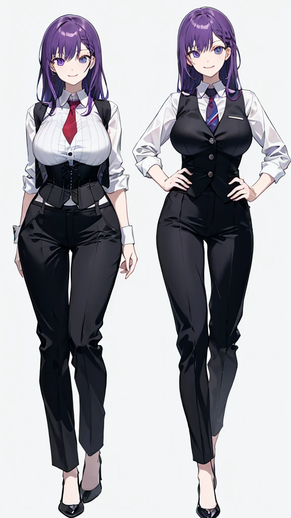Purple hair woman,long hair,Dressed as a bartender,black vest,Harness,corset,shirt,tie,slightly larger breasts,pants,pants,high heels,simple background,smile,whole body,full body,full body,Standing picture,vtuber,front,from front,viewer&#39;perspective,視線をfrontに,Standing up straight and looking straight ahead,