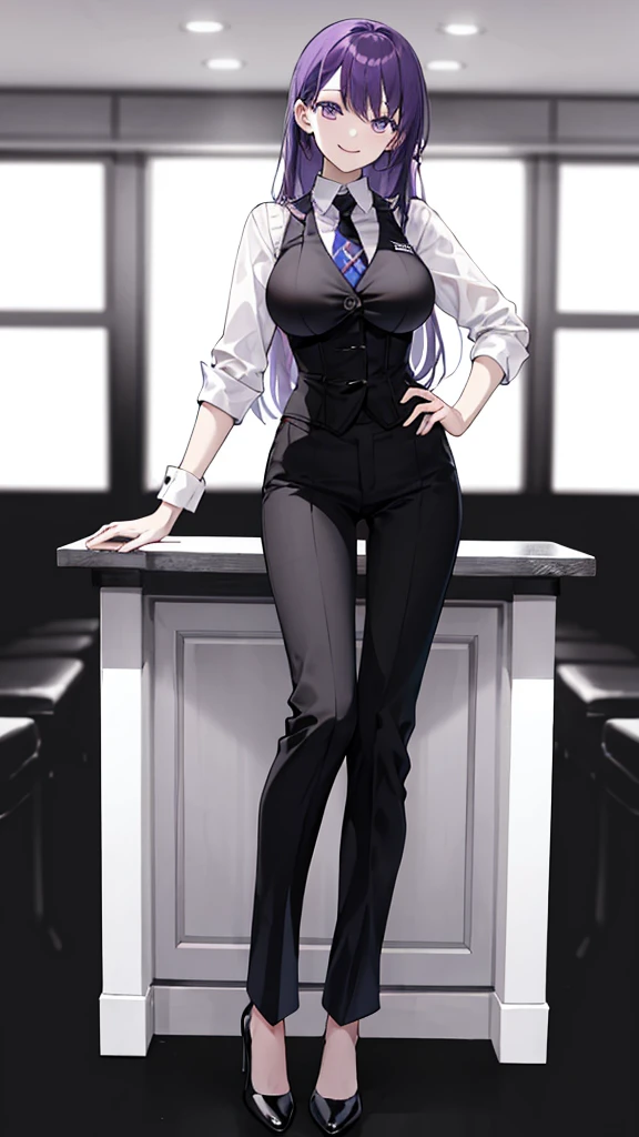 Purple hair woman,long hair,Dressed as a bartender,black vest,Harness,corset,shirt,tie,slightly larger breasts,pants,pants,high heels,simple background,smile,whole body,full body,full body,Standing picture,vtuber,front,from front,viewer'perspective,視線をfrontに,Standing up straight and looking straight ahead,