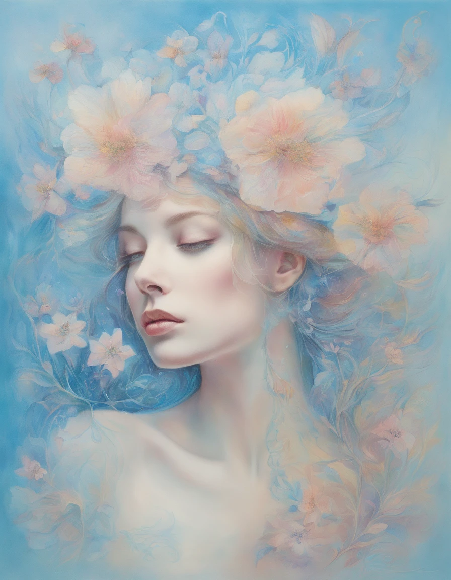Pastel drawing on a soft blue background light blue forget-me-not bud, contour lines, texture paper
