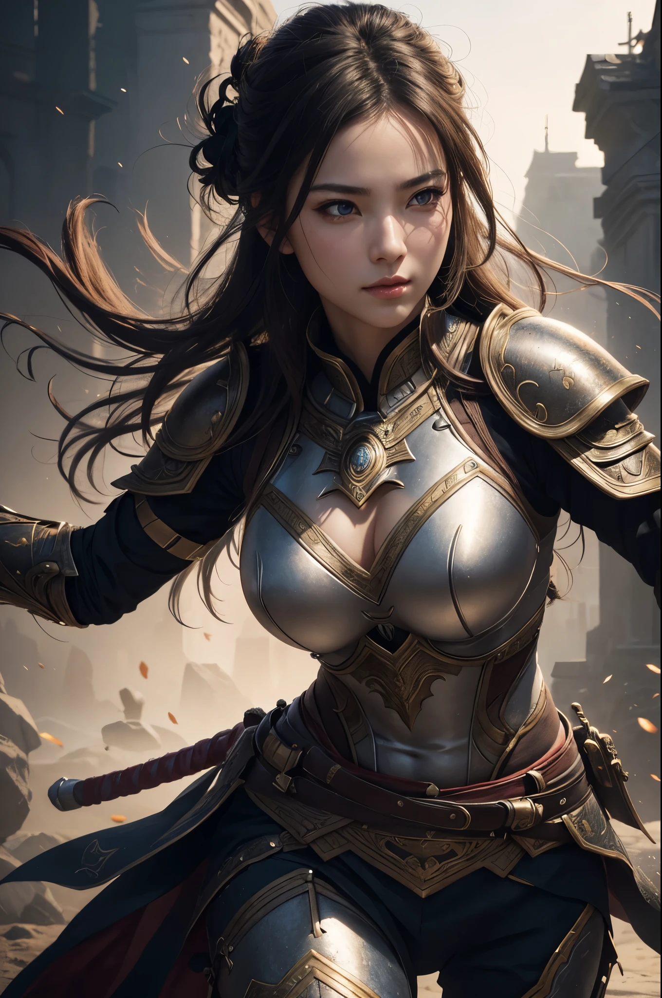 8K,Female warrior on the battlefield,Samurai Armor,Super beautiful(like the real thing),perfect face,Perfect hand shape,Charm,Volume measurement,Body balance,ultra high resolution,super realistic skin,Digital single-lens reflex camera, soft lighting, high quality, highly detailed face, highly detailed eyes, highly detailed skin, skin, Scattered beneath the surface, highly detailed face, highly detailed eyes, beautiful expression, lip whole, detailed background, Depth of the bounds written, small breasts、volume lighting, sharp focus, absurd, realistic proportions, excellent anatomy, (realistic, 超realistic:1.4), 16K HDR, dawn,small breastsA 高解像度,super realistic skin,super beautiful expression,fantasy art,character art,dynamic pose,