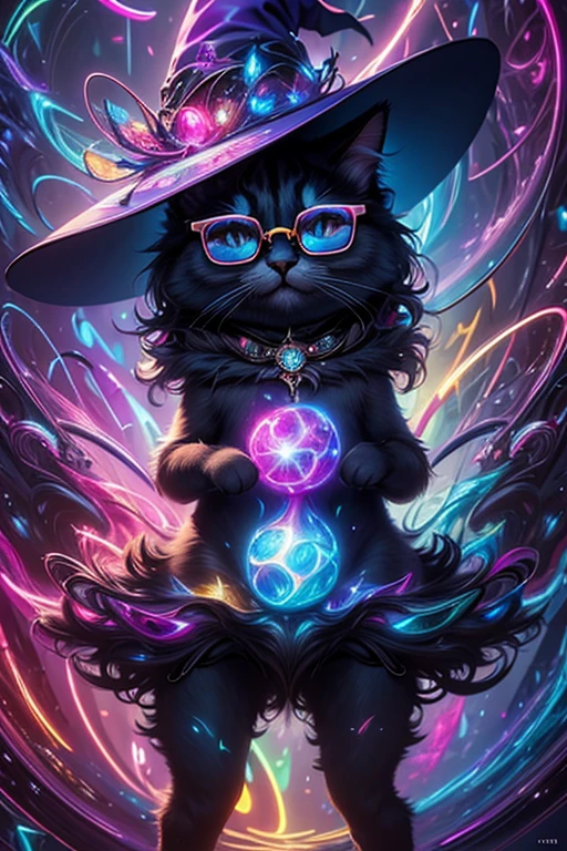 a cg rendering of a cute cat wearing a witch hat and glasses, animal, 4k, cute, magic, magical, no_humans, beautiful fur, four legs,glow, 4k, (Abstract art:1.6), (Delicate images), (Highly detailed), (high resolution), (Best quality), (masterpiece)
