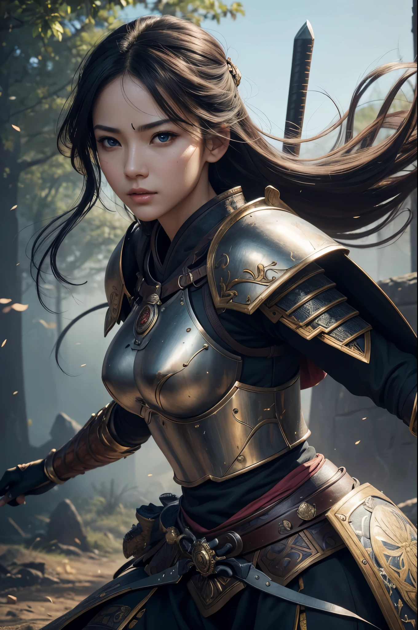 8K,Female warrior on the battlefield,Japanese samurai armor,Super beautiful(like the real thing),perfect face,Perfect hand shape,Charm,Volume measurement,Body balance,ultra high resolution,super realistic skin,Digital single-lens reflex camera, soft lighting, high quality, highly detailed face, highly detailed eyes, highly detailed skin, skin, Scattered beneath the surface, highly detailed face, highly detailed eyes, beautiful expression, lip whole, detailed background, Depth of the bounds written, small breasts、volume lighting, sharp focus, absurd, realistic proportions, excellent anatomy, (realistic, 超realistic:1.4), 16K HDR, dawn,small breastsA 高解像度,super realistic skin,super beautiful expression,fantasy art,character art,dynamic pose,
