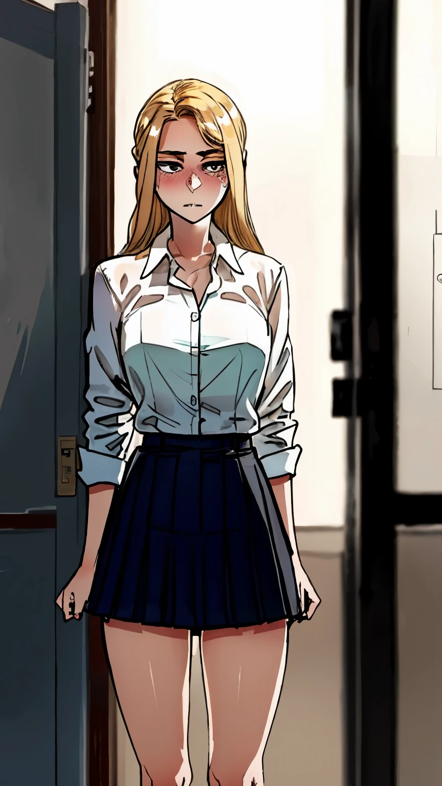 girl with blond hair, in an unbuttoned shirt and skirt, At school, embarrassed, ass