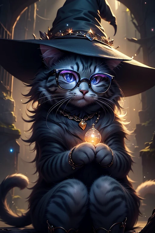 a cg rendering of a cute cat wearing a witch hat and glasses, animal, cute, magic, magical, no_humans, beautiful fur, four legs,glow, 4k, (Delicate images), (Highly detailed), (high resolution), (Best quality), (masterpiece)
