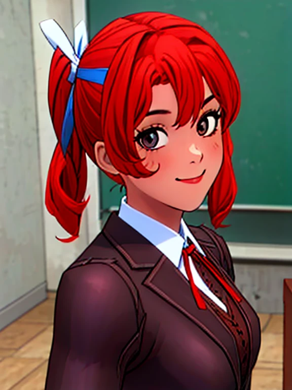(face portrait:1.2), upper body, (masterpiece), best quality, highres,  solo, ribbon, white ribbon, hair ribbon, brown jacket, jacket, long sleeves, smiling, indoors, classroom background, standing, looking at the viewer
