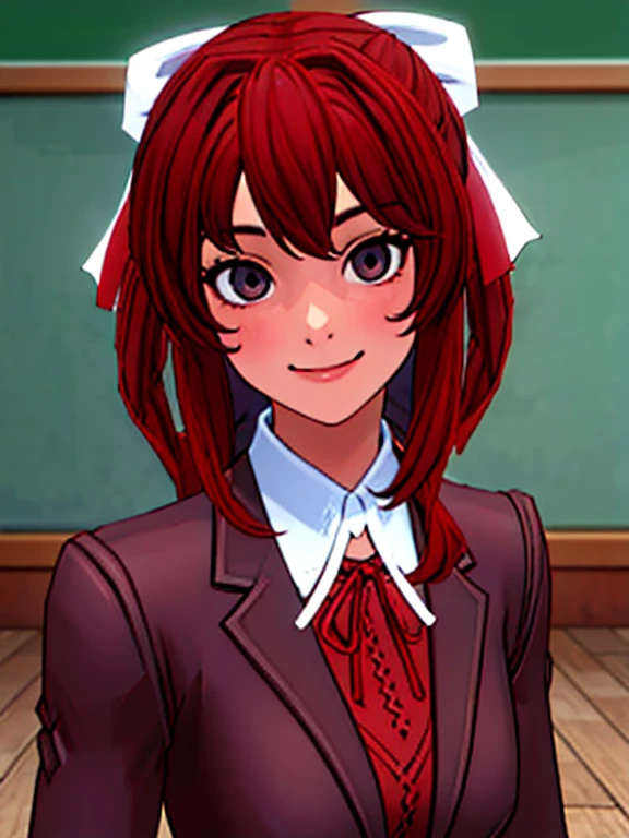 (face portrait:1.2), upper body, (masterpiece), best quality, highres, solo, ribbon, white ribbon, hair ribbon, brown jacket, jacket, long sleeves, smiling, indoors, classroom background, standing, looking at the viewer