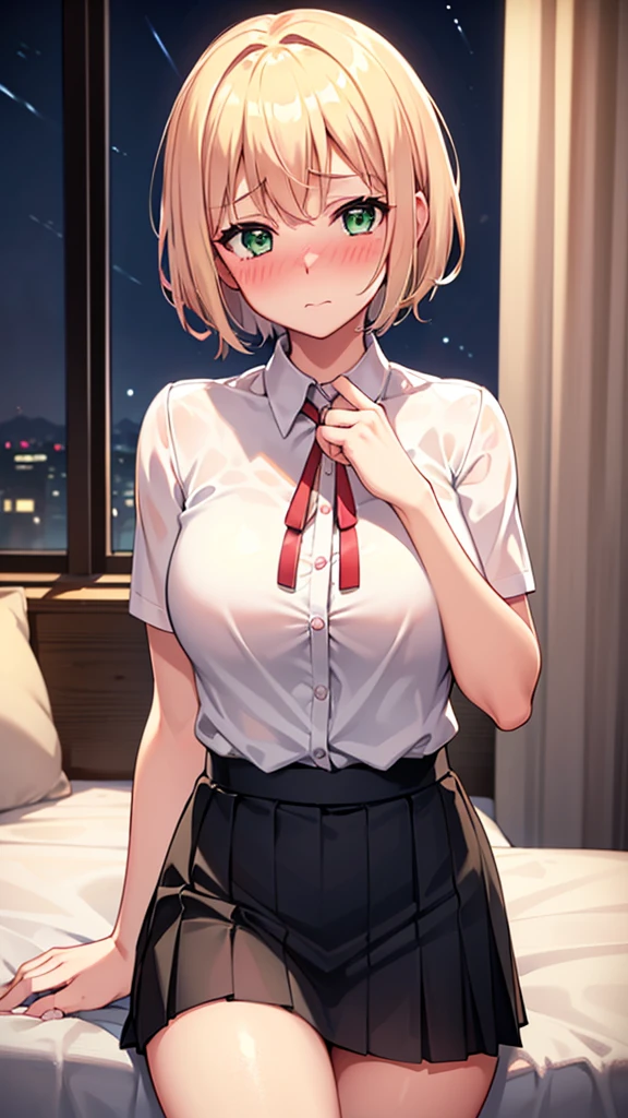 30year old women,blonde short hair,green eyes,medium breasts,white blouse,red neck ribbon,black mini pleated skirt,(blush:1.4),embarrassed,bedroom,night,cowboy shot