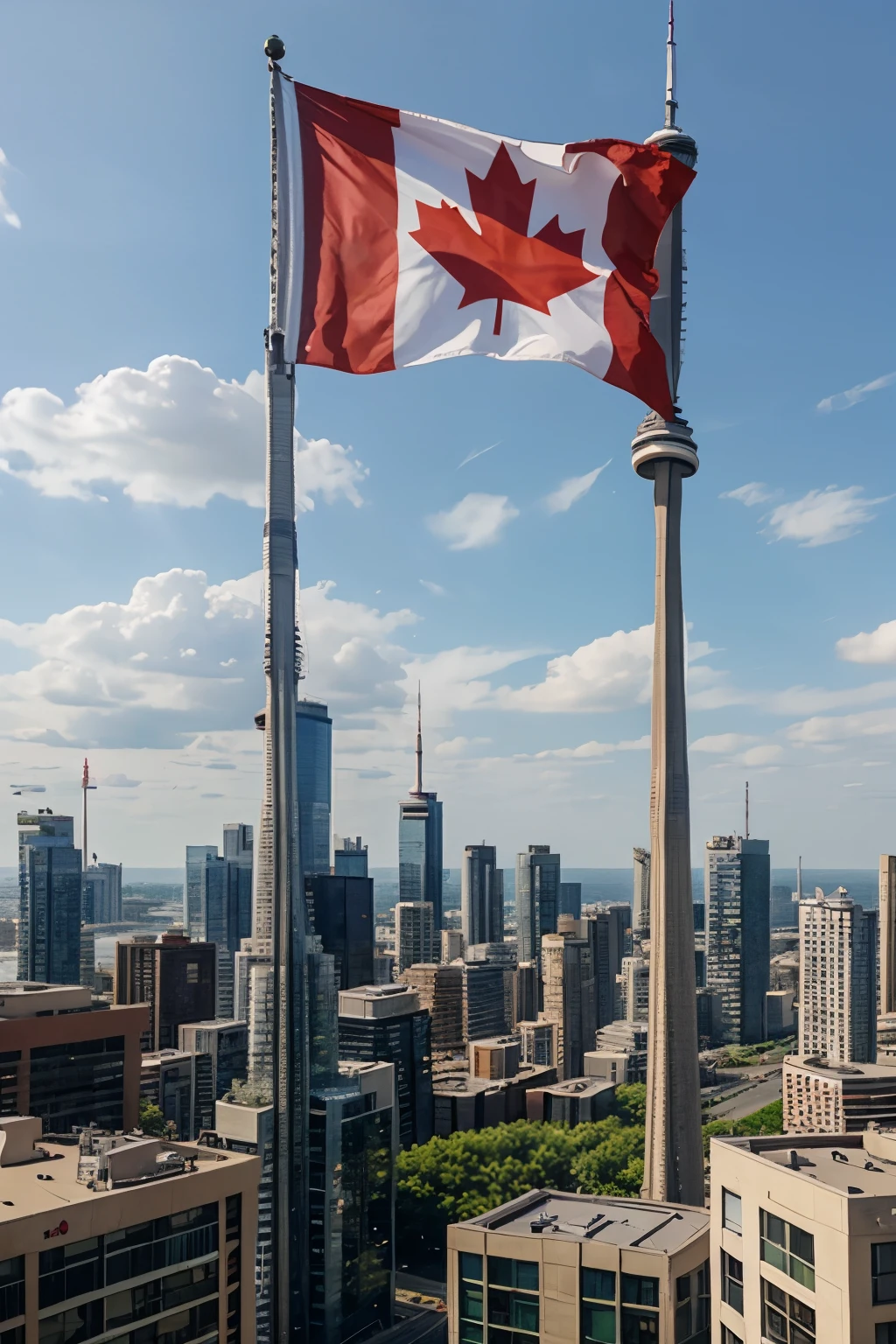 Toronto skyline, canadian flag, realistic 