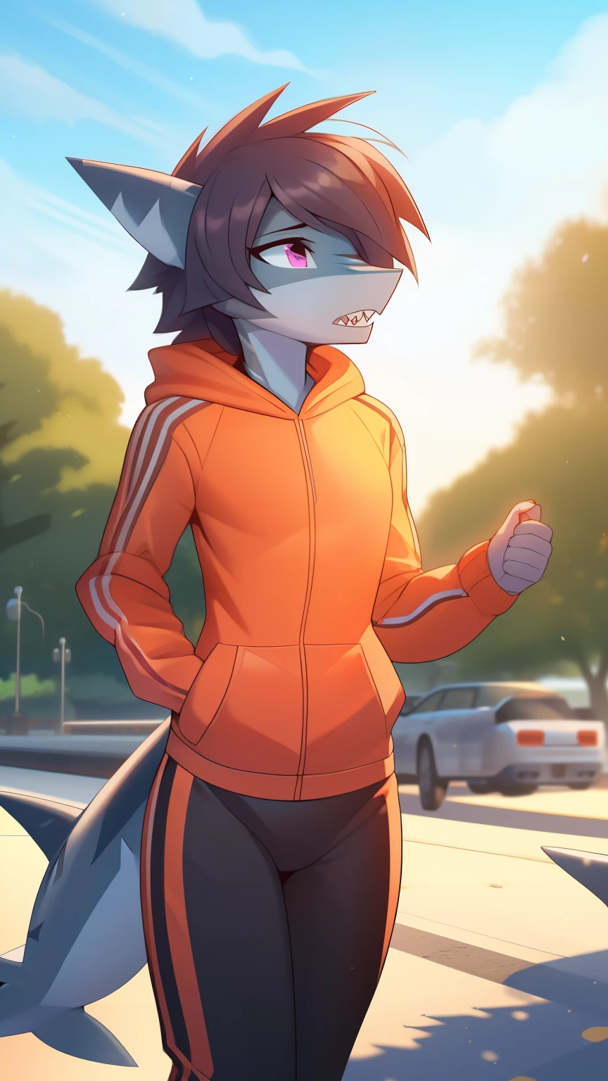 Best quality, Super detailed illustration, Warm tones, perfect lighting, perfect detail, (anthro shark boy:1.4), feminine body, disheveled thick hair, dressed in a tracksuit for running, tired facial expression, of the park ,femboy ,small waist, wide hips, slim, perfect body, style "DND"