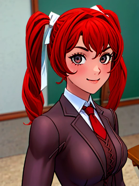 Twintail, red haired, 1girl, grey eyes, well toned, well built, muscled, toned muscles, (face portrait:1.2), upper body, (masterpiece), best quality, highres, solo, ribbon, white ribbon, hair ribbon, brown jacket, jacket, long sleeves, smiling, indoors, classroom background, standing, looking at the viewer