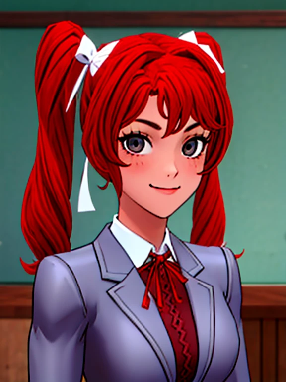Twintail, red haired, 1girl, grey eyes, well toned, well built, muscled, toned muscles, (face portrait:1.2), upper body, (masterpiece), best quality, highres, solo, ribbon, white ribbon, hair ribbon, brown jacket, jacket, long sleeves, smiling, indoors, classroom background, standing, looking at the viewer