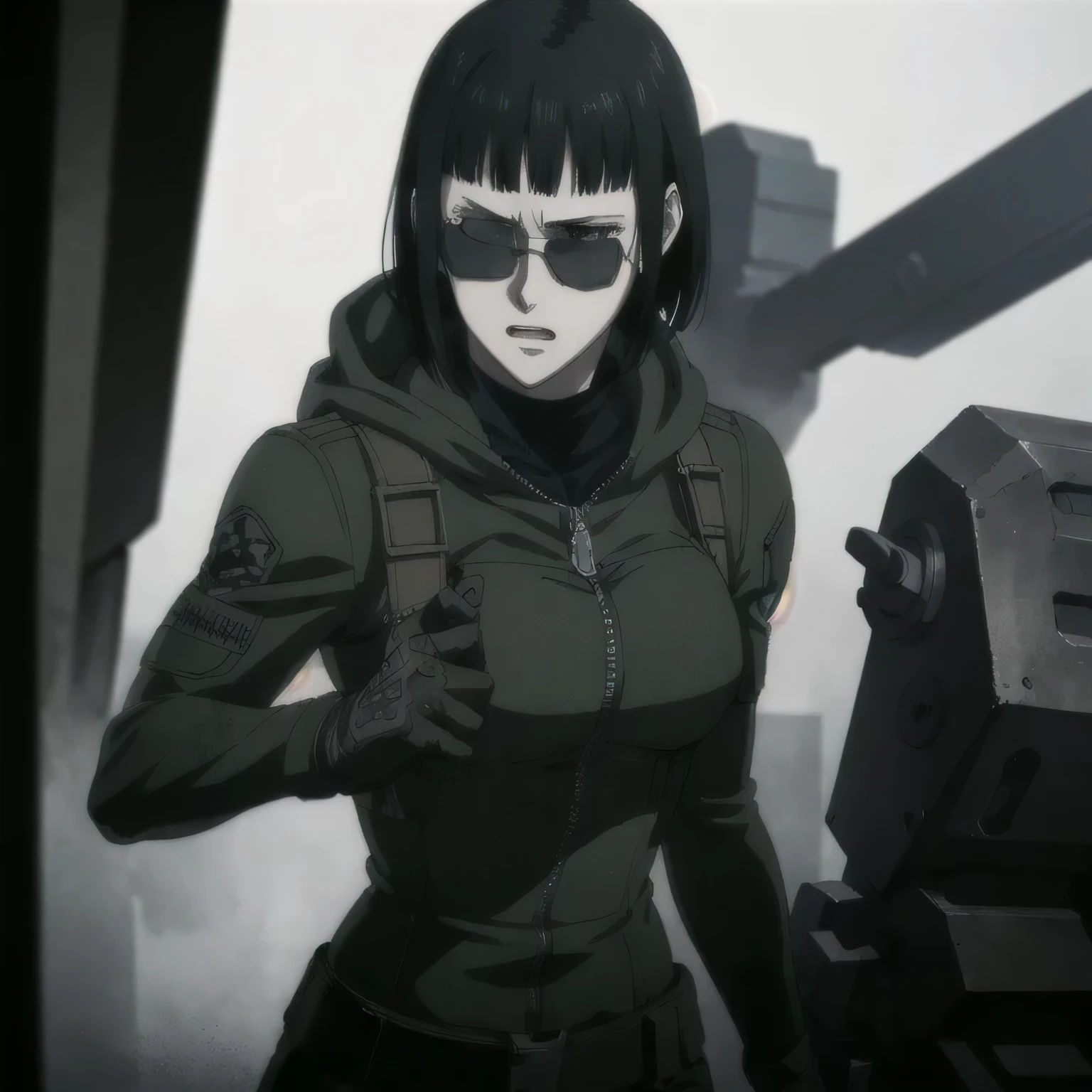 (best quality,ultra-detailed,realistic:1.37),badass girl with sculpted body wearing Gothic jacket and Black combat trousers. , full review of the female character's face and body, intense expression, strong and confident posture, studio lighting, vivid colors, physiologically-based rendering, grungy texture, rugged background, dust particles in the air, commanding presence, professional, powerful, gritty aesthetics,,Valmet،short hair,sunglasses