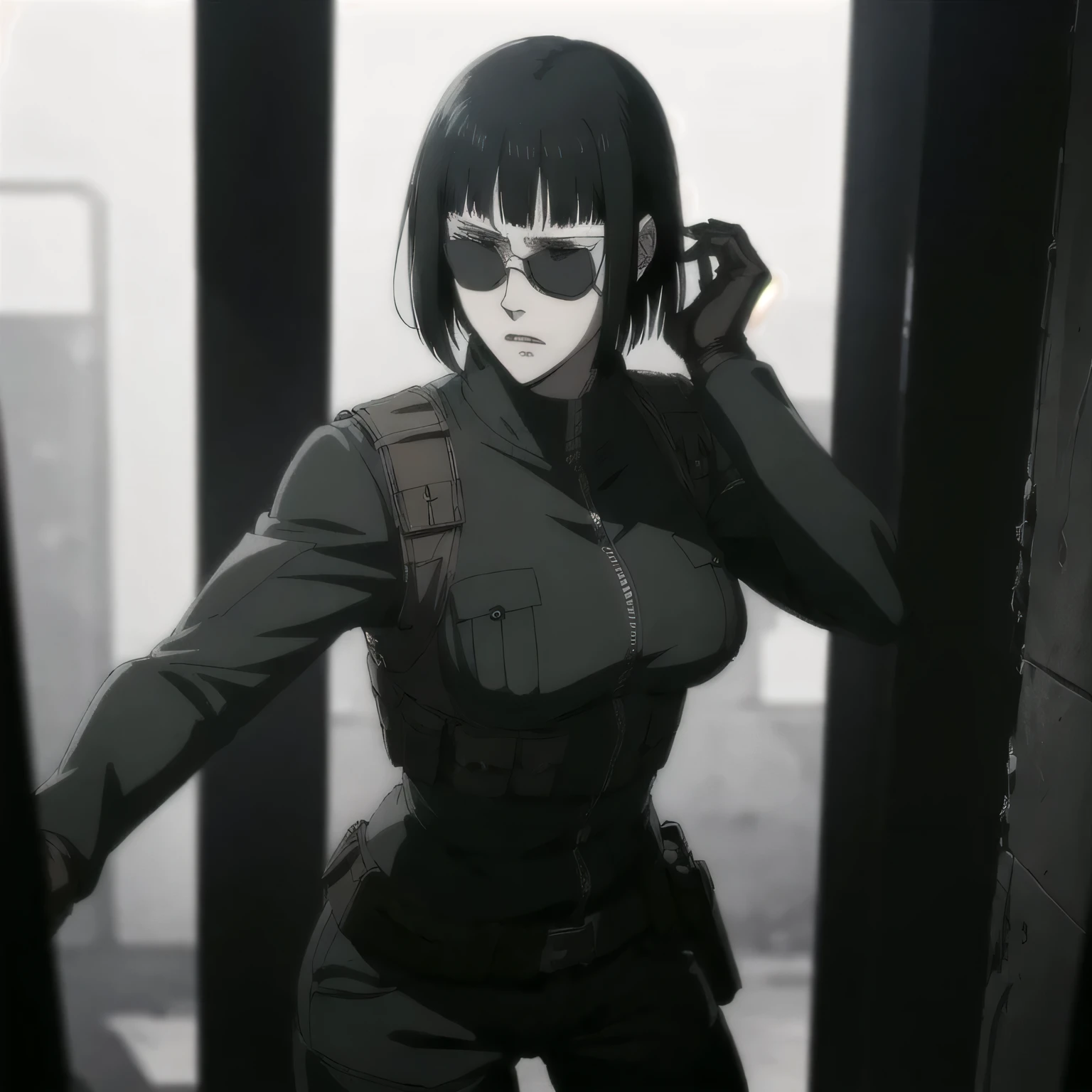 (best quality,ultra-detailed,realistic:1.37),badass girl with sculpted body wearing Gothic jacket and Black combat trousers. , full review of the female character's face and body, intense expression, strong and confident posture, studio lighting, vivid colors, physiologically-based rendering, grungy texture, rugged background, dust particles in the air, commanding presence, professional, powerful, gritty aesthetics,,Valmet،short hair,sunglasses