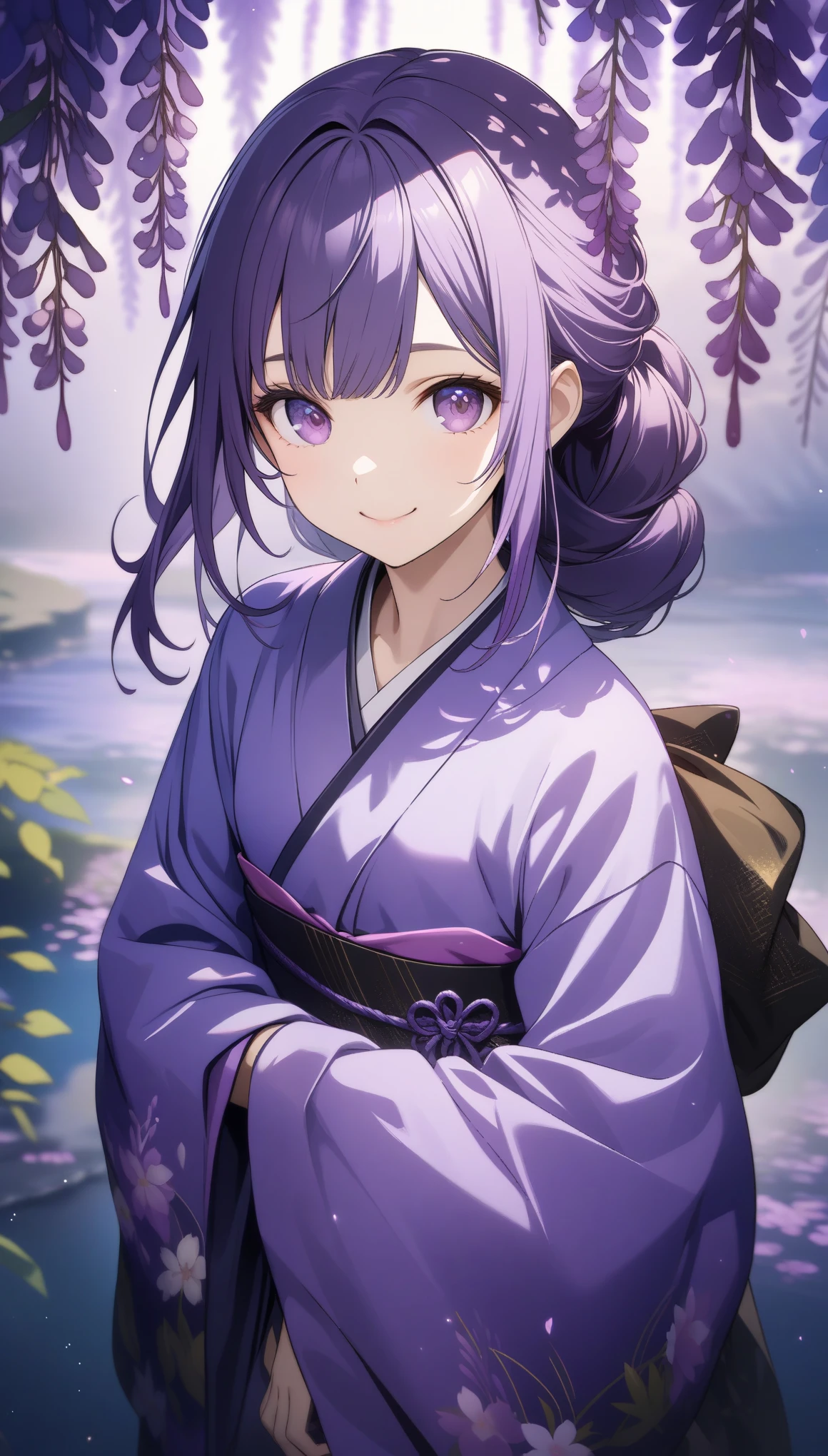 32k, best quality, ultra high res, HDR, UHD, extremely detailed CG, unity 32k wallpaper, (((hight quality))), (((high-level image quality))), ((smile)), (((hight quality wisteria flowers background))), (((purple hair))), (((purple eyes))), (((cute gal))), (((illustration))), (((purple light particles))), (((purple kimono))), (((purple Japanese clothes))),