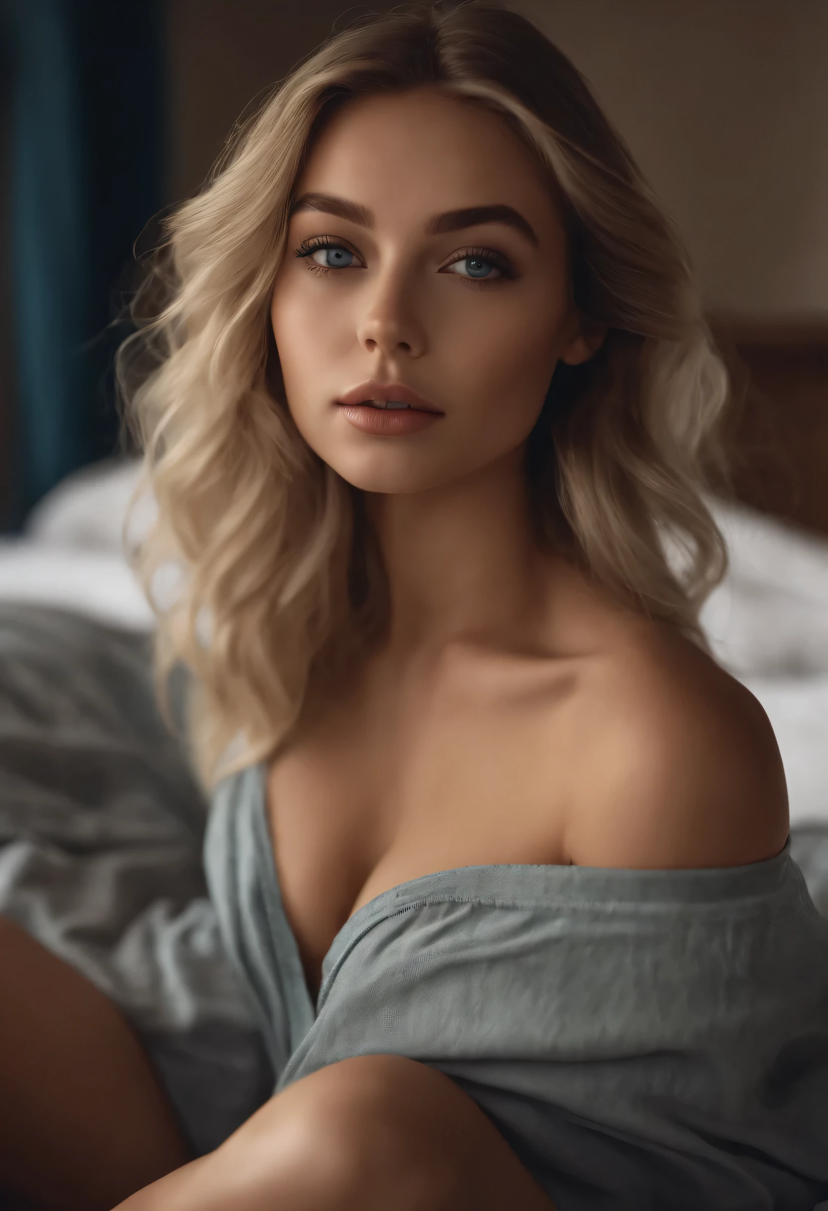 arafed woman fully , sexy girl with blue eyes, ultra realistic, meticulously detailed, portrait sophie mudd, blonde hair and large eyes, selfie of a young woman, bedroom eyes, violet myers, without makeup, natural makeup, looking directly at the camera, face with artgram, subtle makeup, stunning full body shot kneeling on bed, in bedroom, medium to large size bust