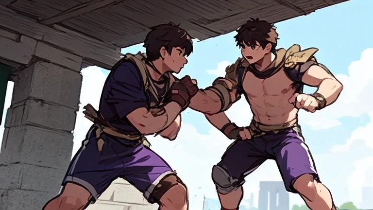 (best quality,8k),(medium),(detailed epic scene),(two gladiators),(one victorious destroying the other),(perfect details),(main character in green and purple attire),(intense fight),(determined expressions),(majestic stage),(dynamic poses),(powerful movements),(epic lighting),(vivid colors),(sharp focus),(realistic),(physically-based rendering),(ultra-fine painting)