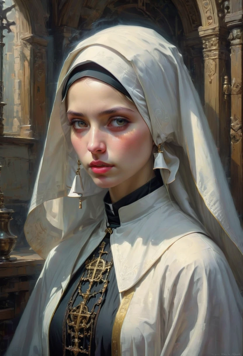 cute Nun, by Wadim Kashin, best quality, masterpiece, very aesthetic, perfect composition, intricate details, ultra-detailed