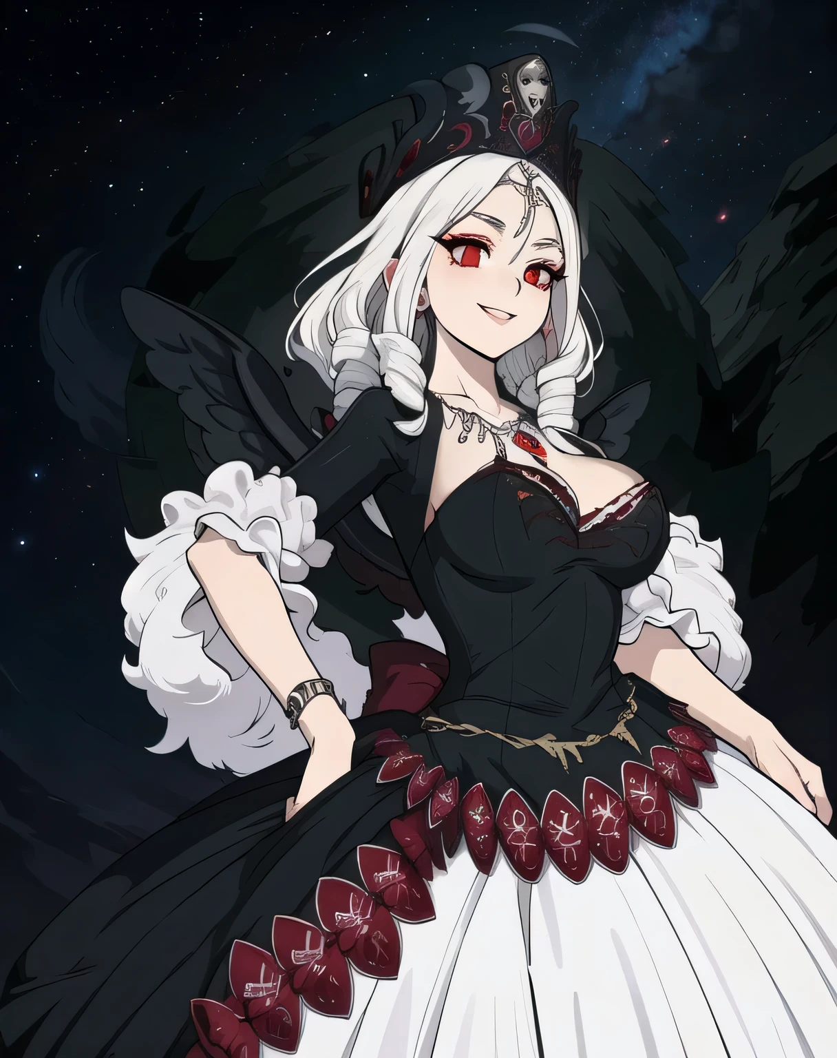 Chaos Goddess,white hair,red eyes,eyeshadow,
dark dress,
standing,upper body,smile,
night sky,outdoors,night,stars,
(insanely detailed, beautiful detailed face,beautiful detailed eyes, masterpiece, best quality),solo,