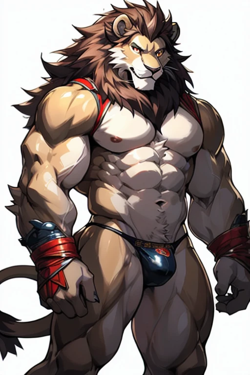 (masterpiece,highest quality,super detailed,perfect anatomy),kemono,white background,particles of light,sharp focus,by null-ghost,alone,anthro,anime,lion,muscular
,looking at the viewer,fine eyes,thong,National costume,has horns