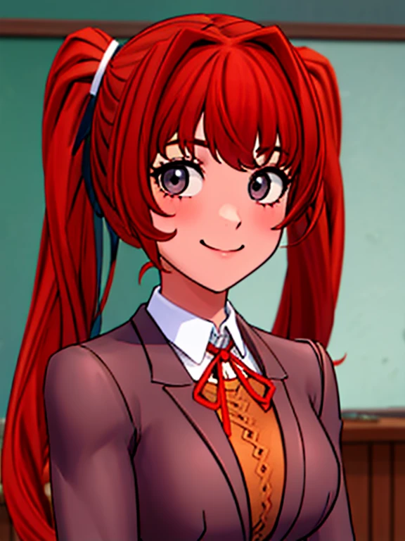 Twintail, red haired, 1girl, grey eyes, well toned, well built, muscled, toned muscles, (face portrait:1.2), upper body, (masterpiece), best quality, highres, solo, ribbon, white ribbon, hair ribbon, brown jacket, jacket, long sleeves, smiling, indoors, classroom background, standing, looking at the viewer, (ddlc school uniform:1.2)