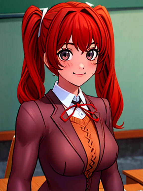 Twintail, red haired, 1girl, grey eyes, well toned, well built, muscled, toned muscles, (face portrait:1.2), upper body, (masterpiece), best quality, highres, solo, ribbon, white ribbon, hair ribbon, brown jacket, jacket, long sleeves, smiling, indoors, classroom background, standing, looking at the viewer, (ddlc school uniform:1.2)