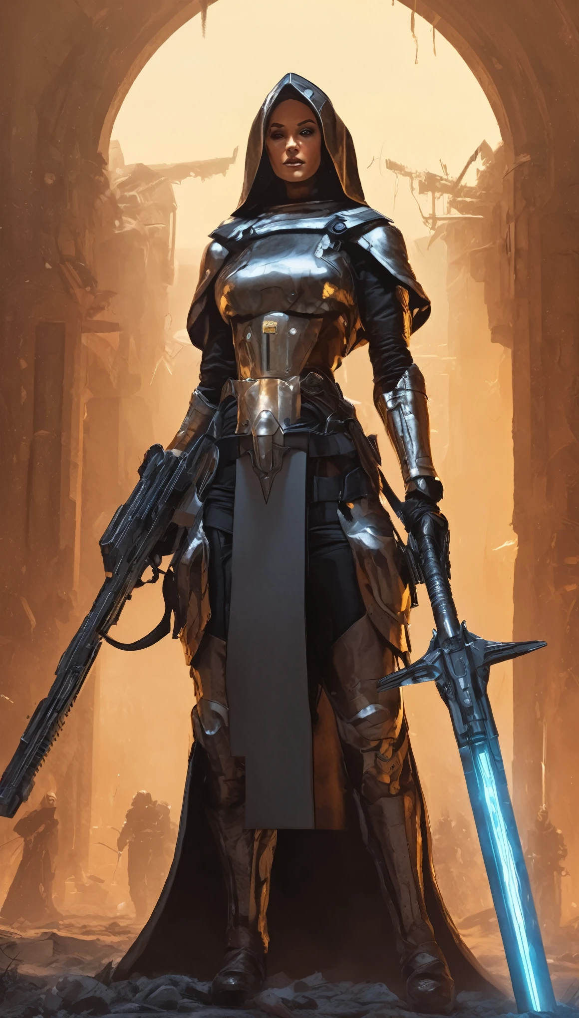 sci-fi, fantasy, digital paintig, medieval warrior nun, medieval nun in armor and weapon, holy cross on neck, ben dunn comic style (ben dunn's Warrior Nun Areala), immersive background of battlefield, war with demons