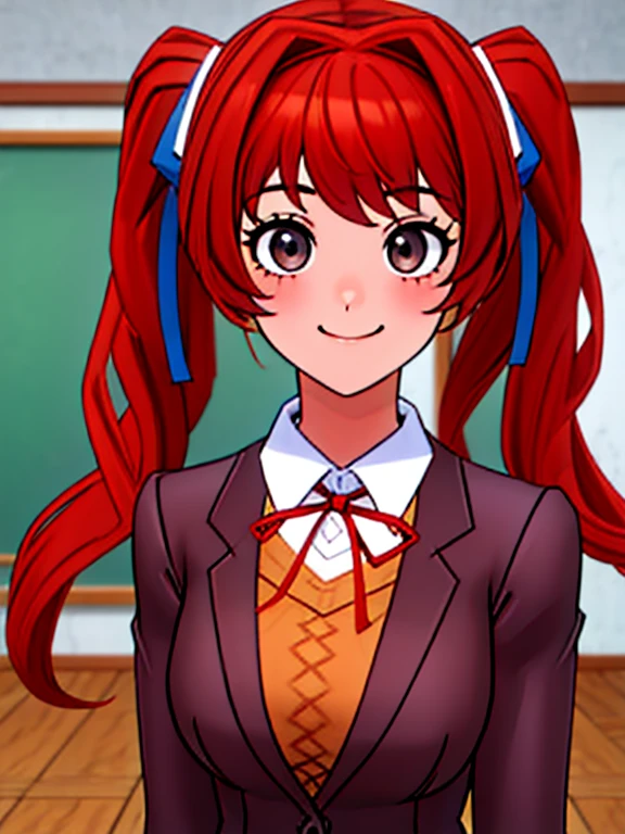 Twintail, red haired, 1girl, grey eyes, well toned, well built, muscled, toned muscles, (face portrait:1.2), upper body, (masterpiece), best quality, highres, solo, ribbon, white ribbon, hair ribbon, brown jacket, jacket, long sleeves, smiling, indoors, classroom background, standing, looking at the viewer, (ddlc school uniform:1.2)