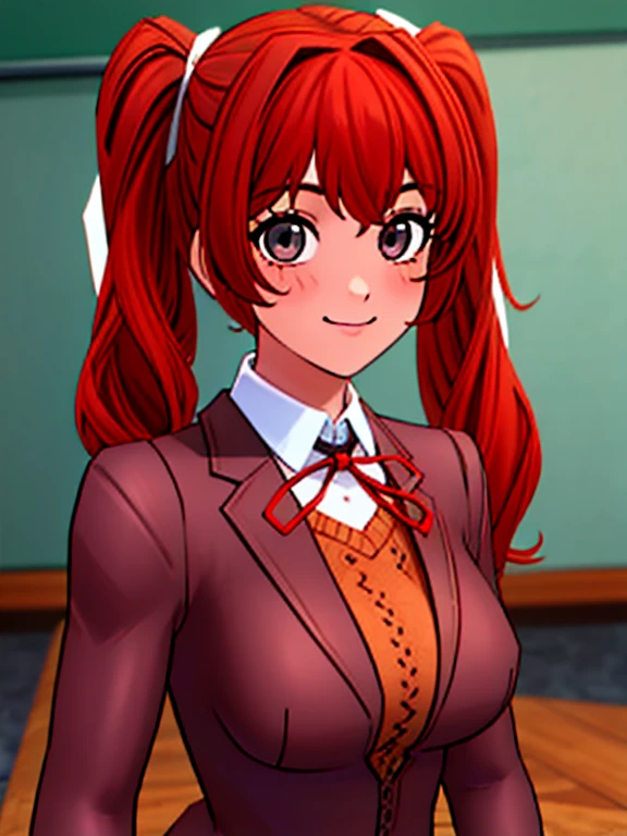 Twintail, red haired, 1girl, grey eyes, well toned, well built, muscled, toned muscles, (face portrait:1.2), upper body, (masterpiece), best quality, highres, solo, ribbon, white ribbon, hair ribbon, brown jacket, jacket, long sleeves, smiling, indoors, classroom background, standing, looking at the viewer, (ddlc school uniform:1.2)