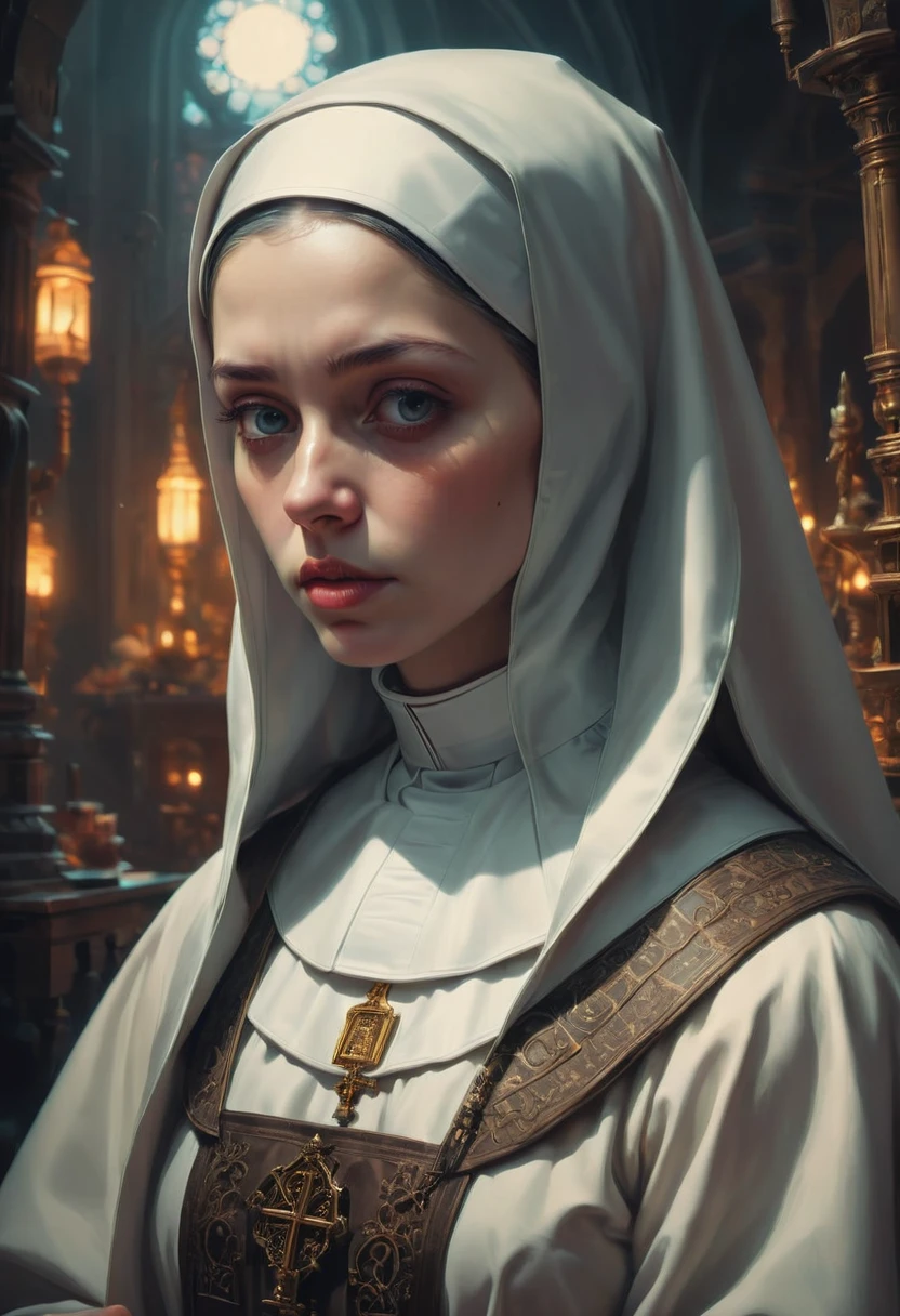 portrait of a beautiful women, big breasts, ((nun)), modelshoot style, (extremely detailed CG unity 8k wallpaper), full shot body photo of the most beautiful artwork in the world, professional majestic oil painting by Ed Blinkey, Atey Ghailan, Studio Ghibli, by Jeremy Mann, Greg Manchess, Antonio Moro, trending on ArtStation, trending on CGSociety, Intricate, High Detail, Sharp focus, dramatic, photorealistic painting art by midjourney and greg rutkowski, ((nsfw))