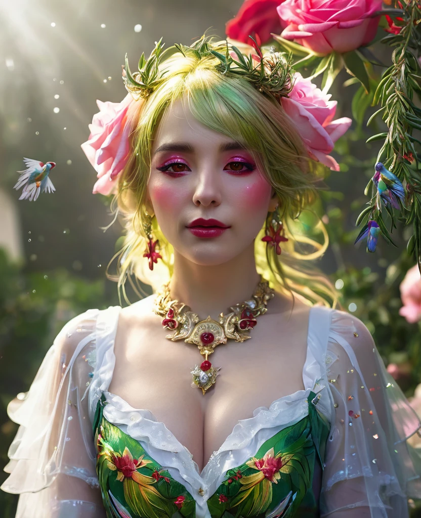mature_Female, YorForger, Jewelry, I look at the viewer, Empty, abyss, church, Catholic, an angel,fairy,Universe, shine, run, Mary, shine, Gradient, overlay, Shadow, grandiose, Flowers, sparkle Flowers, golden hair, (Wings), whole body, Life, shirt, Red eyes,  hips, navel, sidelocks, gold heels, Fog, pink rose, Red Rose, roseMary, parrot, green Wings, water, hair, horns, lips out, Eyes of the Galaxy, Flowers, USA