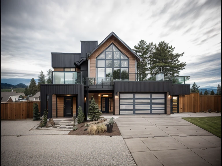 house exterior contemporary style, modernism, glass doors and windows,black metal rail, conwood ceilling, masterpiece, highquality, realistic photo, canon eos 5D mark, natural light,