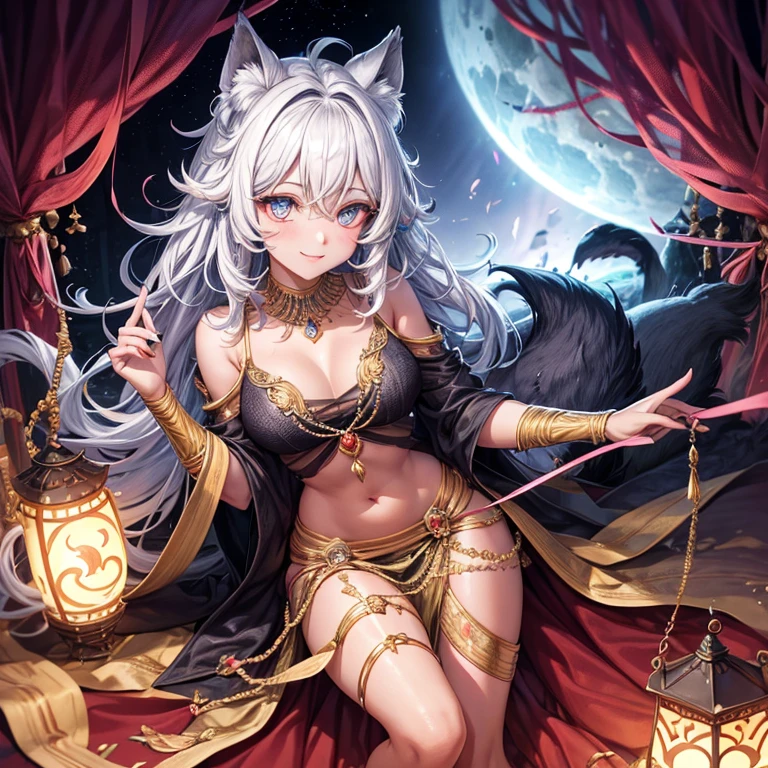 Velu, femme velu, femme loup, femme solo, fourrure fournie, cheveux roux, cheveux long, yeux de couleur verrons, sourire coquin, regard charmant, gros sein, mage clothing, kept light, tenu ancien, fond sombre, ambiance peur