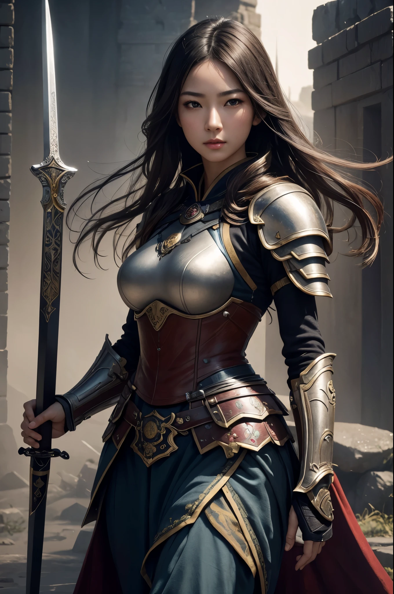 8K,Woman on the Battlefield,Japanese samurai armor,Super beautiful(like the real thing),perfect face,Perfect hand shape,Charm,Volume measurement,Body balance,ultra high resolution,super realistic skin,Digital single-lens reflex camera, soft lighting, high quality, highly detailed face, highly detailed eyes, highly detailed skin, skin, Scattered beneath the surface, highly detailed face, highly detailed eyes, beautiful expression, lip whole, detailed background, Depth of the bounds written, small breasts、volume lighting, sharp focus, absurd, realistic proportions, excellent anatomy, (realistic, 超realistic:1.4), 16K HDR, dawn,small breastsA 高解像度,super realistic skin,super beautiful expression,fantasy art,character art,dynamic pose,Holding a long, large sword,
