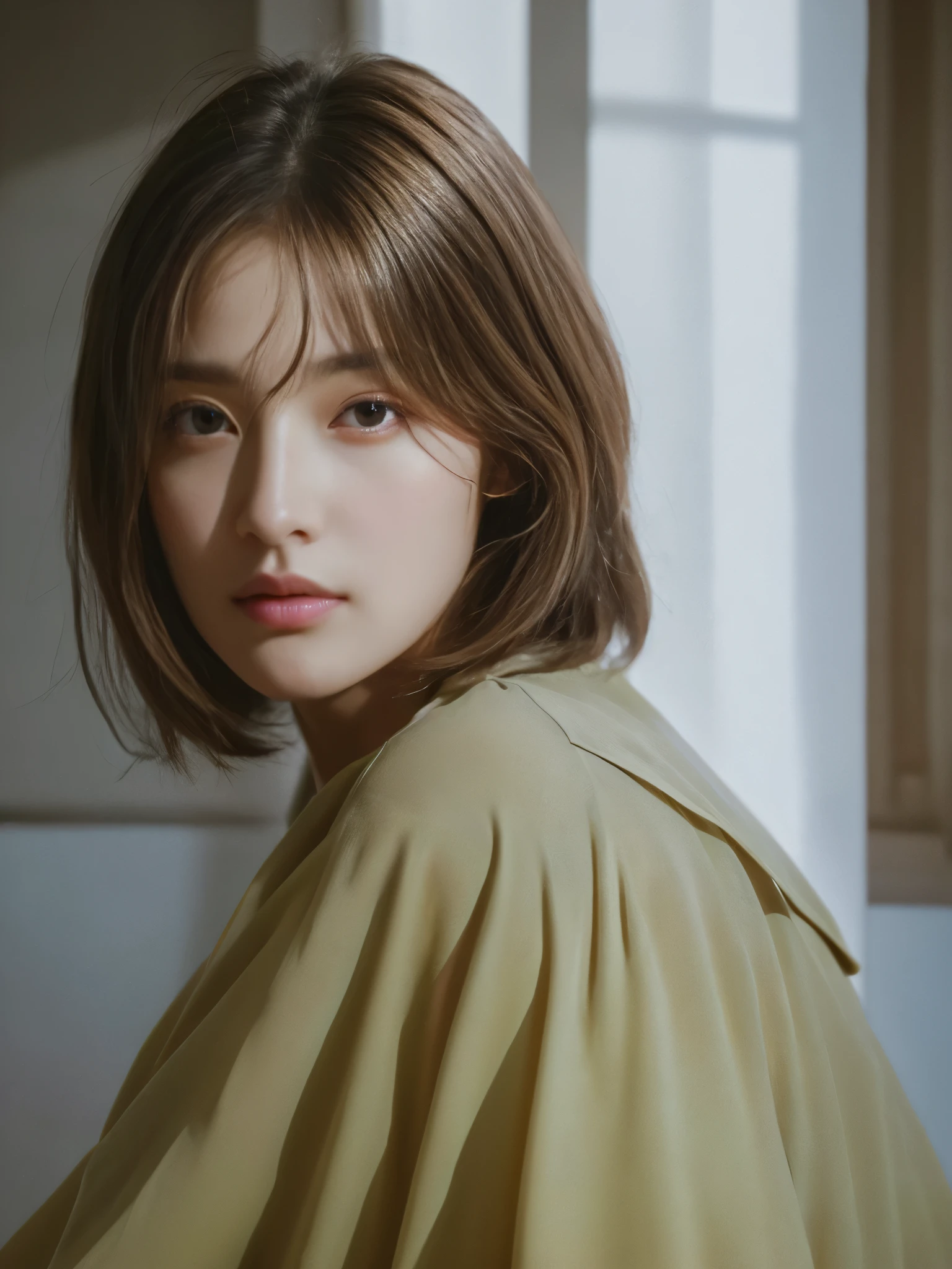 highest quality、masterpiece、超A high resolution、(Photoreal:1.5)、Raw photo、1 girl、shoulders slumped、deep shadow、Inconspicuous、cold light、sexy look、Brown Highlight Hair、short hair、wavy hair、turned into slime、Slender、