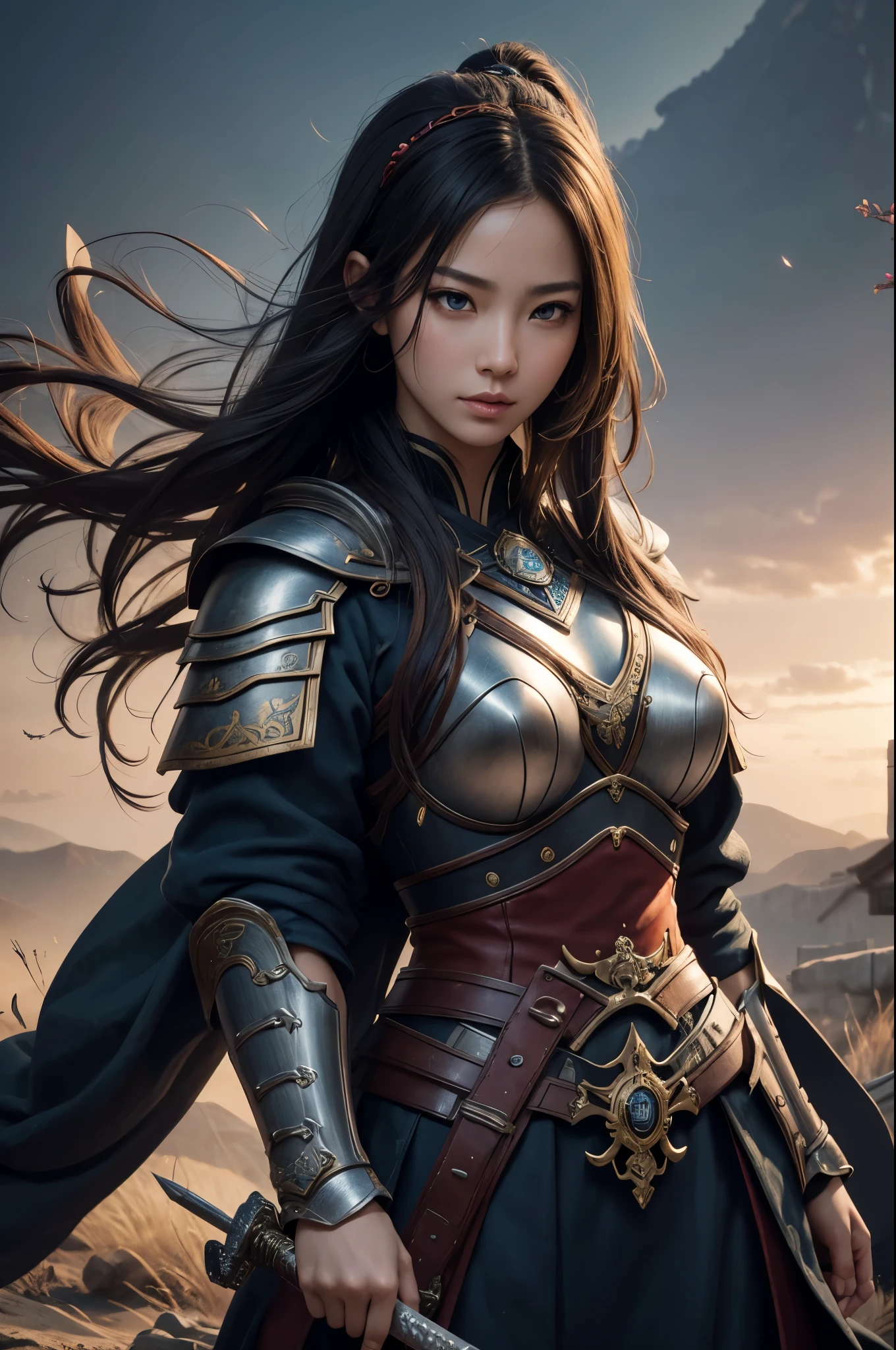 8K,Woman on the Battlefield,Japanese samurai armor,Super beautiful(like the real thing),perfect face,Perfect hand shape,Charm,Volume measurement,Body balance,ultra high resolution,super realistic skin,Digital single-lens reflex camera, soft lighting, high quality, highly detailed face, highly detailed eyes, highly detailed skin, skin, Scattered beneath the surface, highly detailed face, highly detailed eyes, beautiful expression, lip whole, detailed background, Depth of the bounds written, small breasts、volume lighting, sharp focus, absurd, realistic proportions, excellent anatomy, (realistic, 超realistic:1.4), 16K HDR, dawn,small breastsA 高解像度,super realistic skin,super beautiful expression,fantasy art,character art,dynamic pose,Holding a long, large sword,