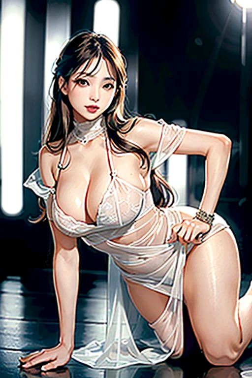 ((best quality)), ((ultra res)), ((photorealistic:1.4)), (intricate details),   perfect face, make up:1.5, light on face, full body waist up pose , pose 1.4 to camera ,various shot angle ,  , facing front to camera , sexy seductive confident look , inside a modern disco club at night time  ,  long hair,  , nice curvy body, nice legs, shoulder ,cleavage , damp, boobsy ,booty,  mature 37 yo thailand , korean mixed woman, facing front , dark blonde , Minimalist see through off shoulder gray sundress 