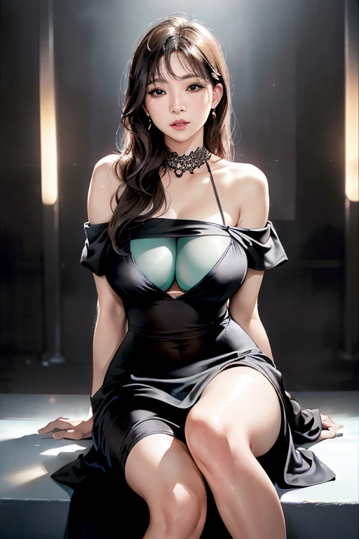 ((best quality)), ((ultra res)), ((photorealistic:1.4)), (intricate details), perfect face, make up:1.5, light on face, full body waist up pose , pose 1.4 to camera ,various shot angle , , facing front to camera , sexy seductive confident look , inside a modern disco club at night time , long hair, , nice curvy body, nice legs, shoulder ,cleavage , damp, boobsy ,booty, mature 37 yo thailand , korean mixed woman, facing front , dark blonde , Minimalist see through off shoulder gray sundress
