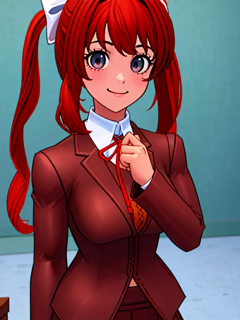 Twintail, red haired, 1girl, grey eyes, well toned, well built, muscled, toned muscles, (face portrait:1.2), upper body, (masterpiece), best quality, highres, solo, ribbon, white ribbon, hair ribbon, brown jacket, jacket, long sleeves, smiling, indoors, classroom background, standing, looking at the viewer, (ddlc school uniform:1.2)