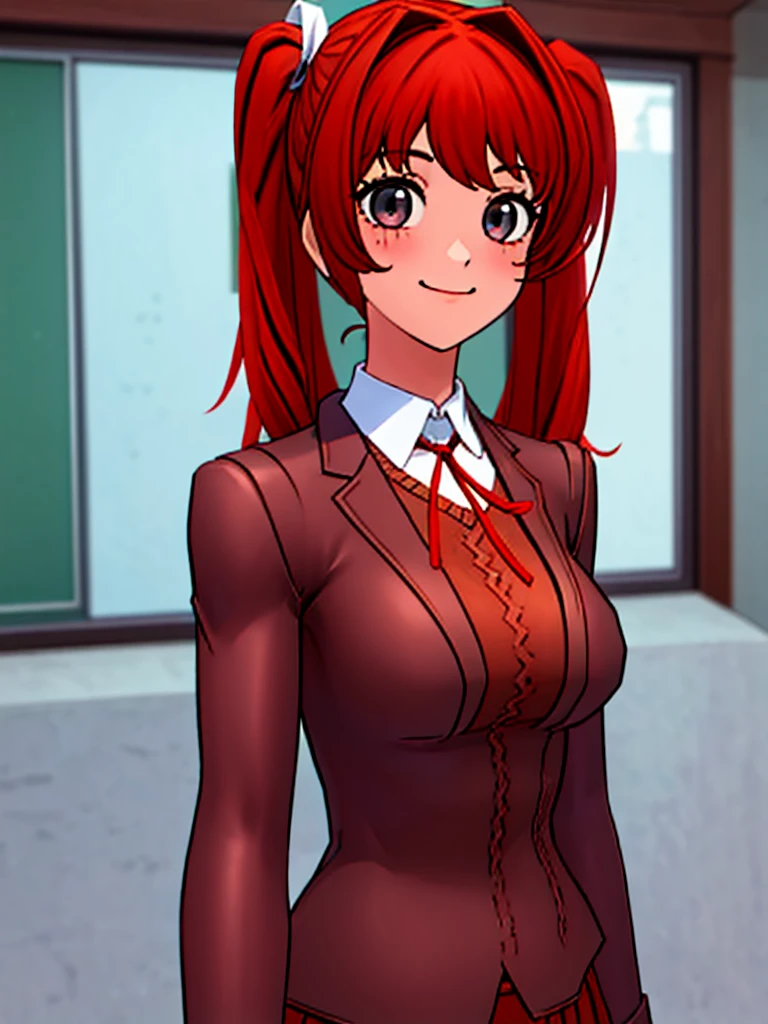 Twintail, red haired, 1girl, grey eyes, well toned, well built, muscled, toned muscles, (face portrait:1.2), upper body, (masterpiece), best quality, highres, solo, ribbon, white ribbon, hair ribbon, brown jacket, jacket, long sleeves, smiling, indoors, classroom background, standing, looking at the viewer, (ddlc school uniform:1.2)