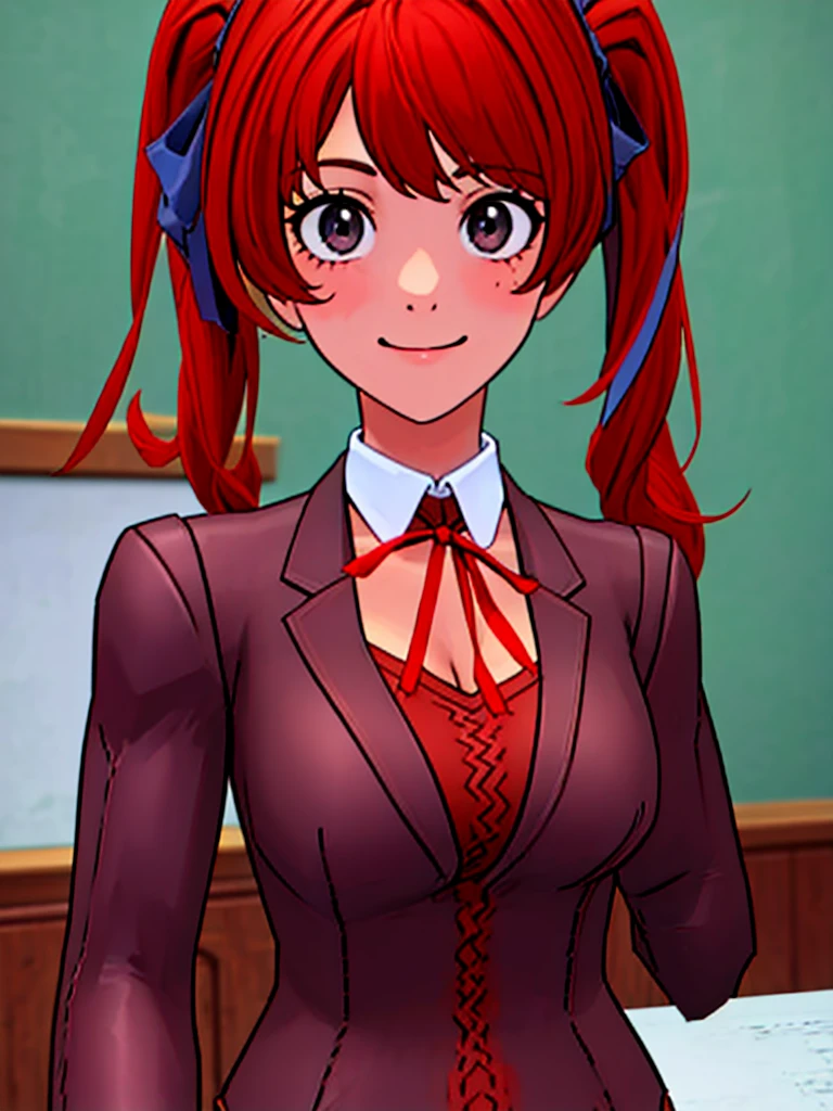 Twintail, red haired, 1girl, grey eyes, well toned, well built, muscled, toned muscles, (face portrait:1.2), upper body, (masterpiece), best quality, highres, solo, ribbon, white ribbon, hair ribbon, brown jacket, jacket, long sleeves, smiling, indoors, classroom background, standing, looking at the viewer, (ddlc school uniform:1.2)