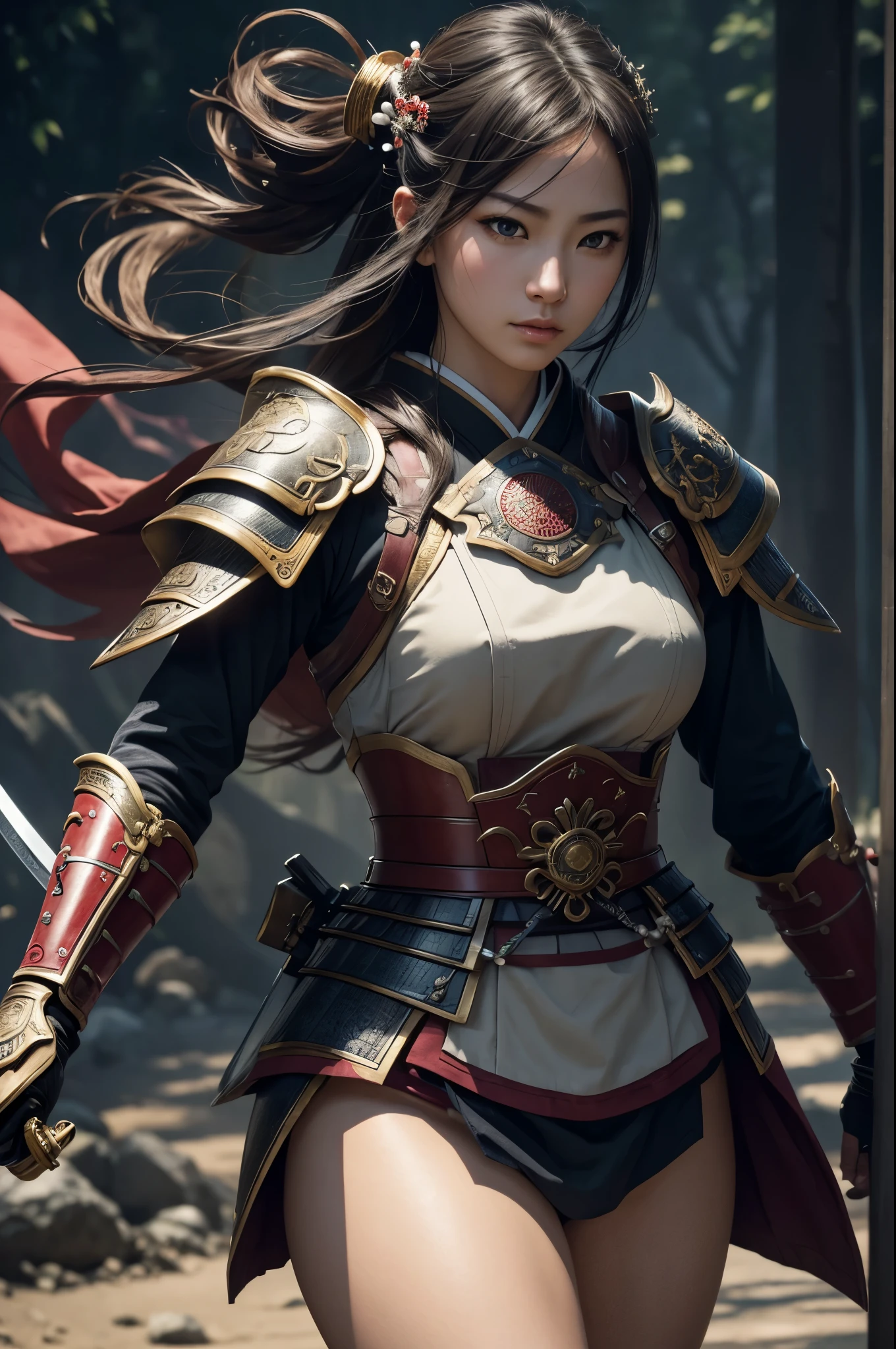 8K,Woman on the Battlefield,Japanese samurai armor,Super beautiful(like the real thing),perfect face,Perfect hand shape,Charm,Volume measurement,Body balance,ultra high resolution,super realistic skin,Digital single-lens reflex camera, soft lighting, high quality, highly detailed face, highly detailed eyes, highly detailed skin, skin, Scattered beneath the surface, highly detailed face, highly detailed eyes, beautiful expression, lip whole, detailed background, Depth of the bounds written, small breasts、volume lighting, sharp focus, absurd, realistic proportions, excellent anatomy, (realistic, 超realistic:1.4), 16K HDR, dawn,small breastsA 高解像度,super realistic skin,super beautiful expression,fantasy art,character art,dynamic pose,Holding a long, large sword,戦国時代のJapanese samurai armor,