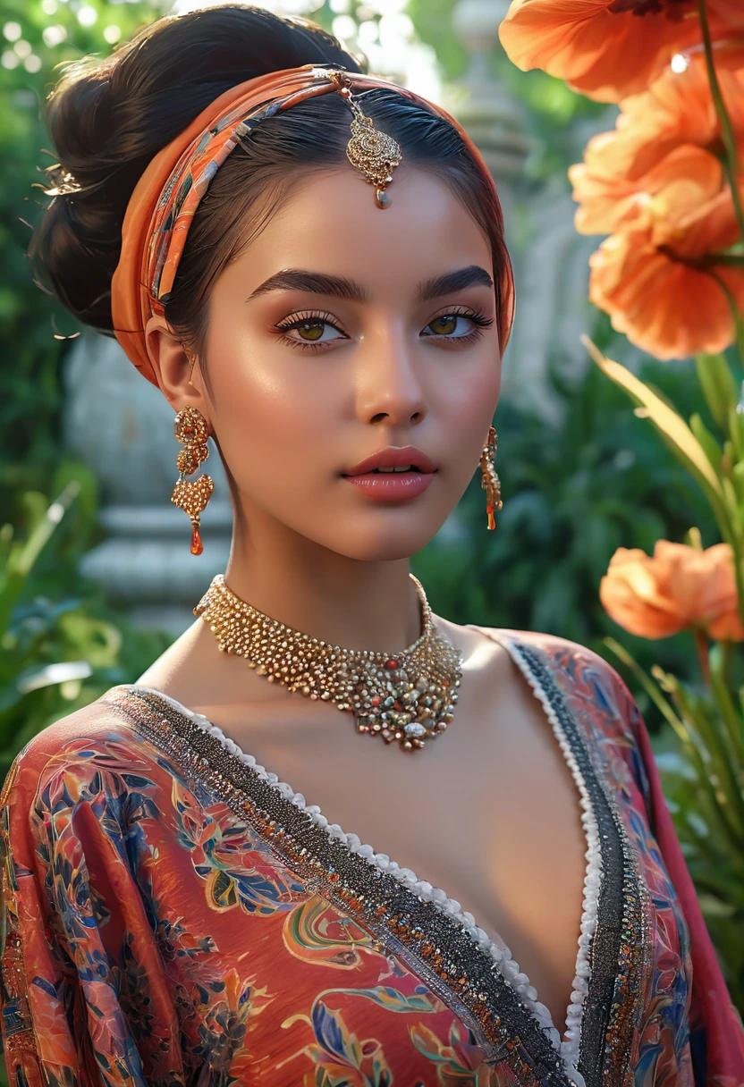 Une fille aux cheveux courts, Beautiful detailed facial features, yeux expressifs, and shiny lips, 2 confident and attractive girls in a bustling garden, Couleurs vives, HDR Lighting, ultra detailed rendering, qualité 4K incroyable, Un chef-d'artwork:1.2, a glamorous and seductive harem setting, vêtements et poses provocateurs, des tons de peau variés avec un accent sur le style des filles noires, un sentiment d'autonomie et d'autonomisation, exotic and seductive atmosphere, a mixture of'influences occidentales et orientales, regards séduisants et sourires captivants, une sensation dominante et luxueuse, a perfect balance between elegance and sensuality.
